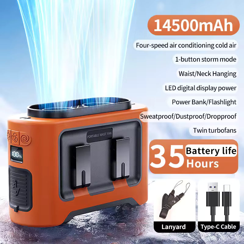 Socoolfan 14500mAh Outdoor Fan Portable Waist Hanging Neck Strong Dual Air Vents Fans for Travel