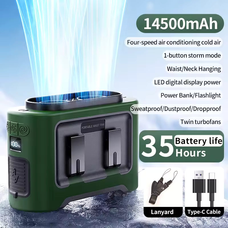 Socoolfan 14500mAh Outdoor Fan Portable Waist Hanging Neck Strong Dual Air Vents Fans for Travel